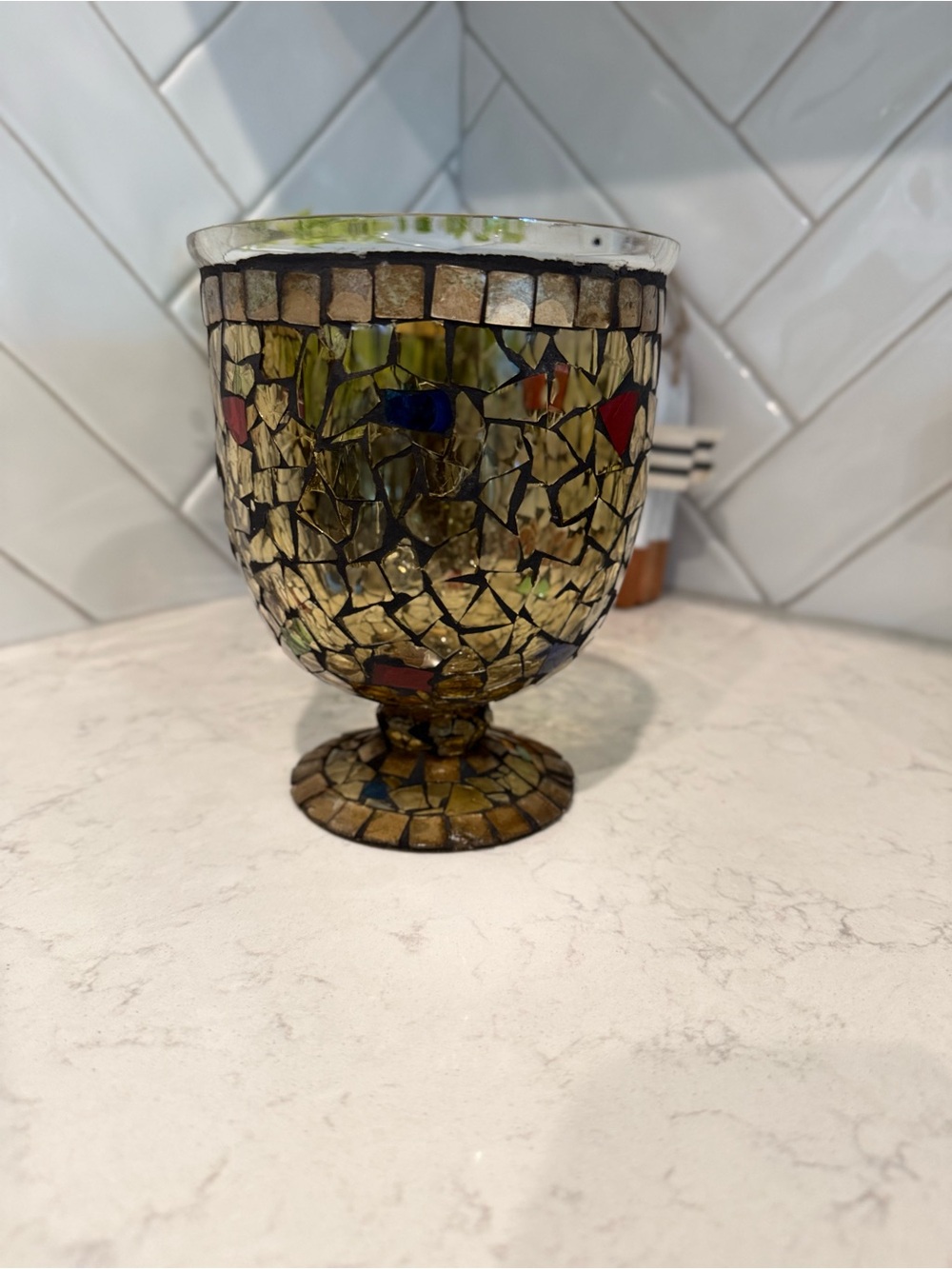 Mosaic Glass Decorative Goblet - Olive Green Accent